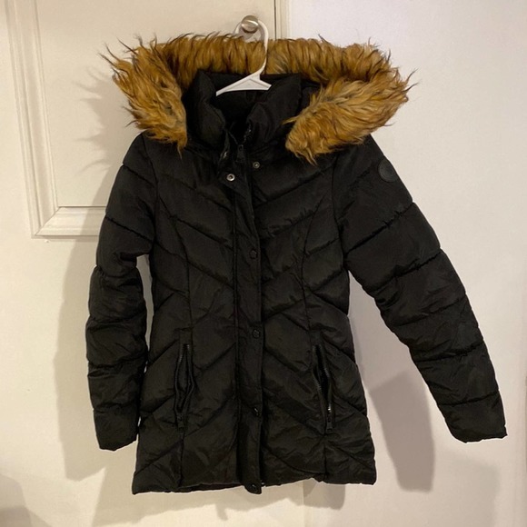 Madden Girl Jackets & Blazers - Madden Girl Juniors Faux-Fur Trim Hooded Black XS
